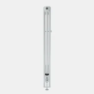 Side view of a white Florence three-column steel radiator with a chrome valve and floor pipe at the base and a wall stay, on a plain grey background.
