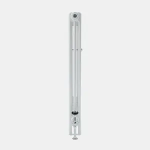 Side view of a white Florence 3 Column steel column radiator with a chrome valve and pipe at the base and a wall stay at mid-height.