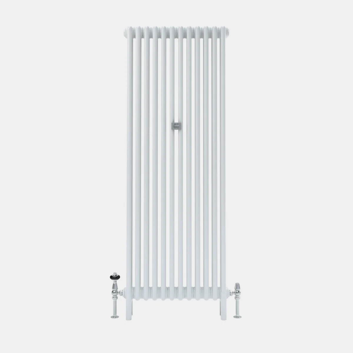 Tall plain Florence 3 Column steel radiator in white, standing on feet, with chrome valves at each lower end, on a plain grey background.