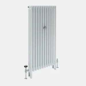 Tall plain Florence 3 Column steel radiator in white on feet, with chrome valves at each end and a central wall stay, shown at an angle.