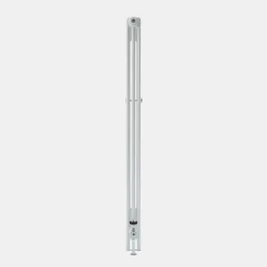 Side view of a tall Florence 3 Column steel radiator in white, with a wall stay halfway up and a chrome valve at the base.