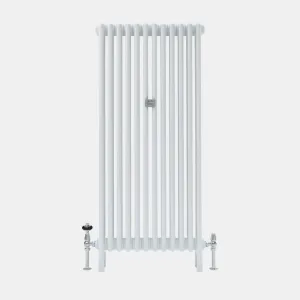 Tall white Florence 3 Column steel radiator on feet with 12 sections, a central wall stay and chrome valves, one with a black head.