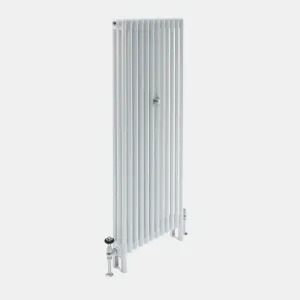 Tall plain Florence 3 Column steel radiator in white on feet, with chrome valves at each end and a central chrome wall stay.