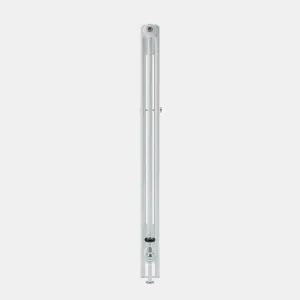 Side view of a tall white Florence 3 Column steel radiator with a chrome bleed valve at the top, a central wall stay and a chrome valve at the base.