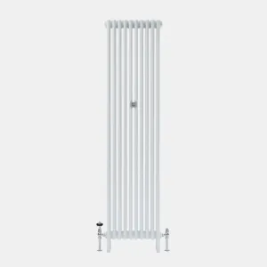 Tall plain white Florence 3 Column steel radiator on feet, with a central wall stay and chrome valves at each lower end, front view.
