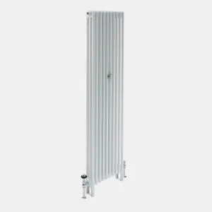 Tall, plain Florence 3 Column steel radiator in white on feet, with a black-topped chrome valve, a second chrome valve and a wall stay.