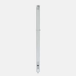 Side view of a tall Florence 3 Column steel radiator in white, with a bleed valve at the top, a wall stay midway and a valve and foot at the base.