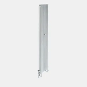 Tall vertical Florence 3 Column steel radiator in white, angled view, with chrome valves at the base and a central wall stay, on a plain background.