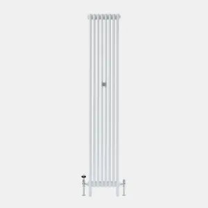 Tall, plain Florence 3 Column steel radiator in white, standing on feet, with chrome valves at each end and a central wall stay.