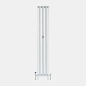 Tall vertical Florence 3 Column steel radiator in white with eight plain sections on feet, a central wall stay and chrome angled valves.