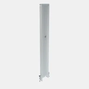 Tall, narrow Florence 3 Column steel radiator in white on short feet, with chrome angled valves at the base and a central wall stay.