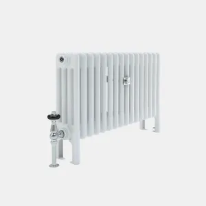 White plain four-column Florence steel radiator on feet, angled view, with a chrome thermostatic valve and wall stay on a grey background.