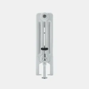Side view of a white Florence 4 column steel radiator on feet, with a chrome valve with black handle and a floor-mounted pipe.