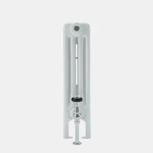Side view of a white four-column Florence steel column radiator on feet, with a chrome valve and black handle on the pipe below.