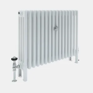 Florence 4 Column steel radiator in plain white on feet, with a chrome thermostatic valve with black head, a chrome valve and a wall stay.