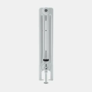 Side view of a white Florence 4 Column steel radiator on feet, with a chrome angled valve and black handwheel at the base.