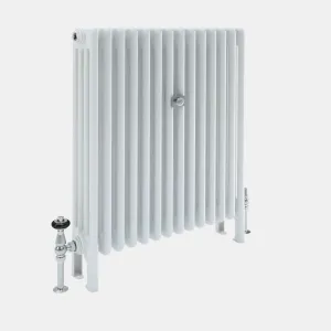 Plain white Florence 4 Column steel radiator on feet, with a chrome thermostatic valve, chrome lockshield valve and central wall stay.