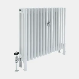 White Florence 4 Column steel radiator standing on feet, with a chrome valve and black head at the left end and a wall stay at the top.