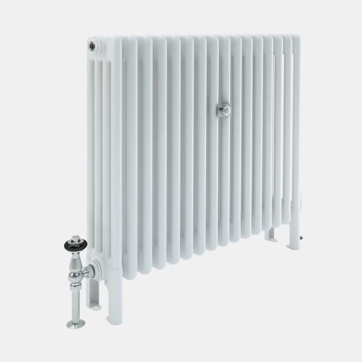 White Florence 4 Column steel radiator standing on feet, with a chrome valve and black head at the left end and a wall stay at the top.