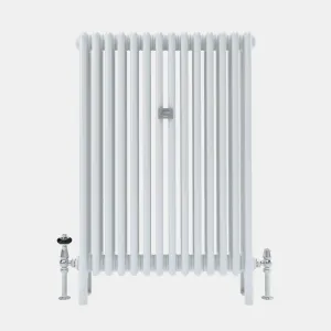 White Florence 4 Column steel radiator on feet, with a chrome thermostatic valve on the left and a chrome lockshield valve on the right.
