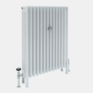 Florence 4 column steel radiator in white on feet, with chrome valves at each end and a black-topped valve head, against a plain grey background.