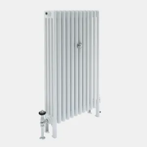 Plain white Florence 4 Column steel radiator on feet, with a chrome valve and black head, a chrome wall stay and a bleed valve.
