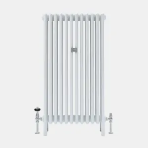 Tall plain Florence 4 Column steel radiator in white on feet, with a chrome thermostatic valve, lockshield valve and a central wall stay.