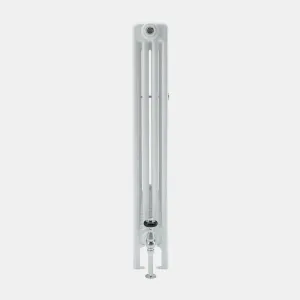 Side view of a white Florence 4 Column steel radiator on feet, with a chrome valve and black handle at the base.