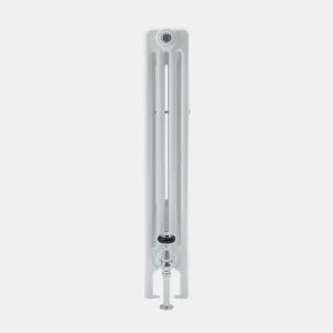 Side view of a white Florence four-column steel radiator on feet, with a chrome valve with black handle at the base and a bleed valve at the top.