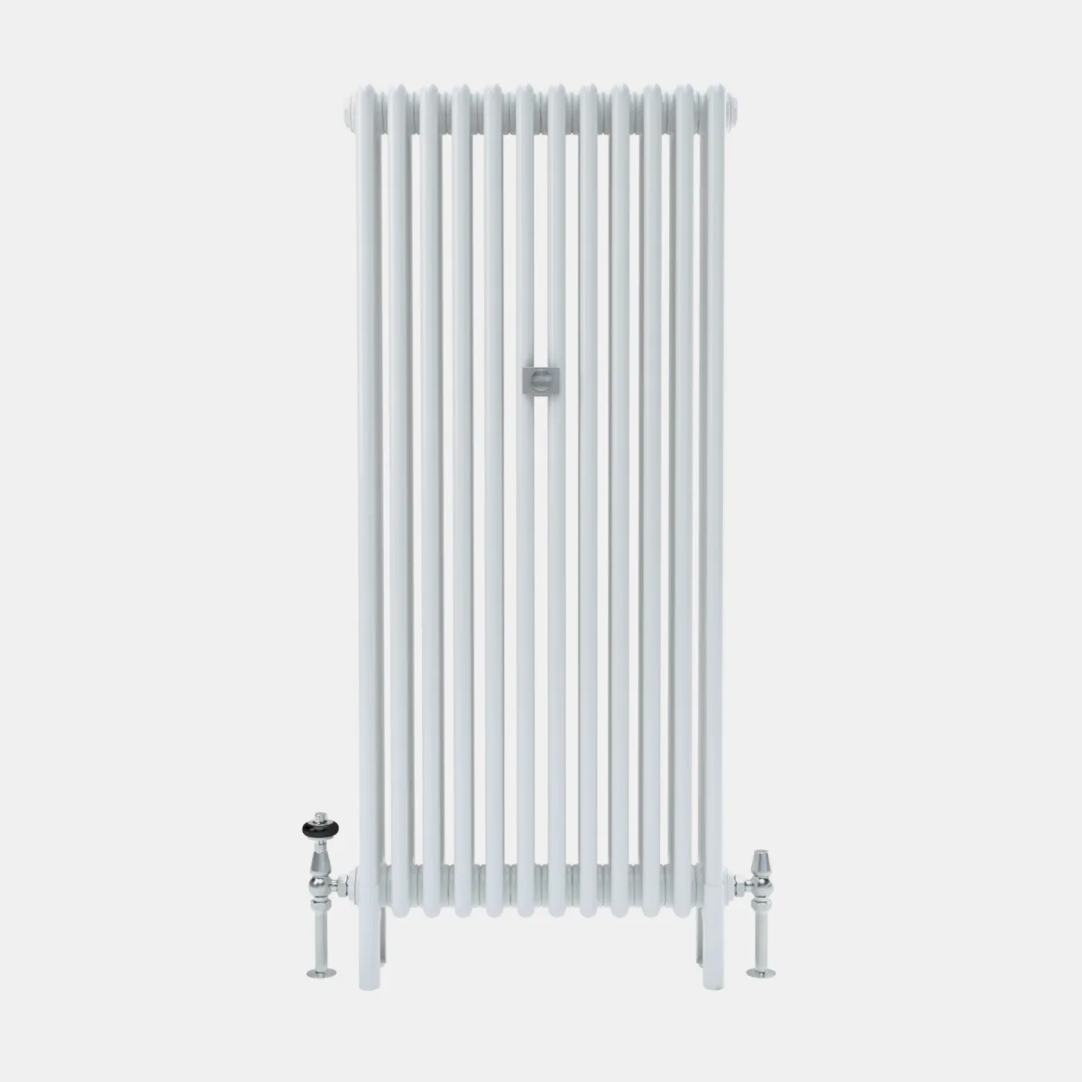 Tall plain Florence 4 Column steel radiator in white on feet, with chrome valves at each end and a central wall stay.