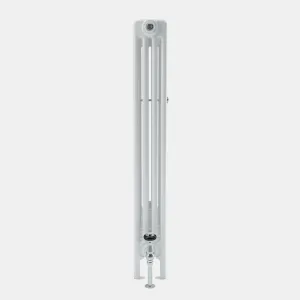 End view of a Florence 4 Column steel radiator in white, standing on feet, with a chrome valve at the base and a bleed valve at the top.