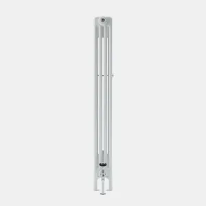 Side view of a tall white Florence 4 Column steel radiator standing on feet, with a chrome valve at the base and a bleed valve at the top.