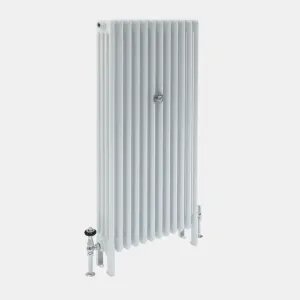 Tall Florence 4 Column steel column radiator in white, plain tubes on feet, with chrome valves and a central wall stay.