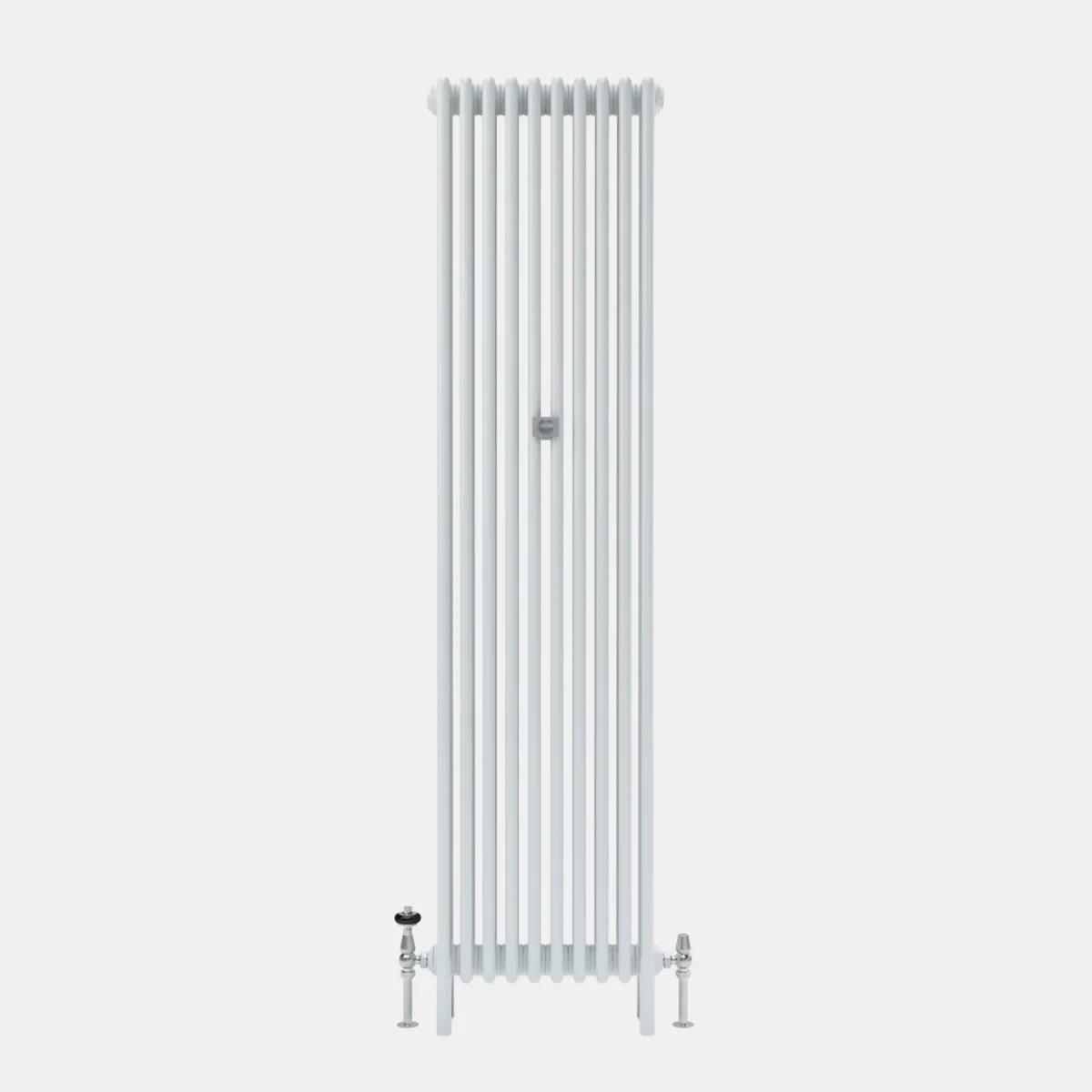Tall, plain Florence 4 Column steel radiator in white, standing on its feet, with chrome angled valves at each end and a central wall stay.