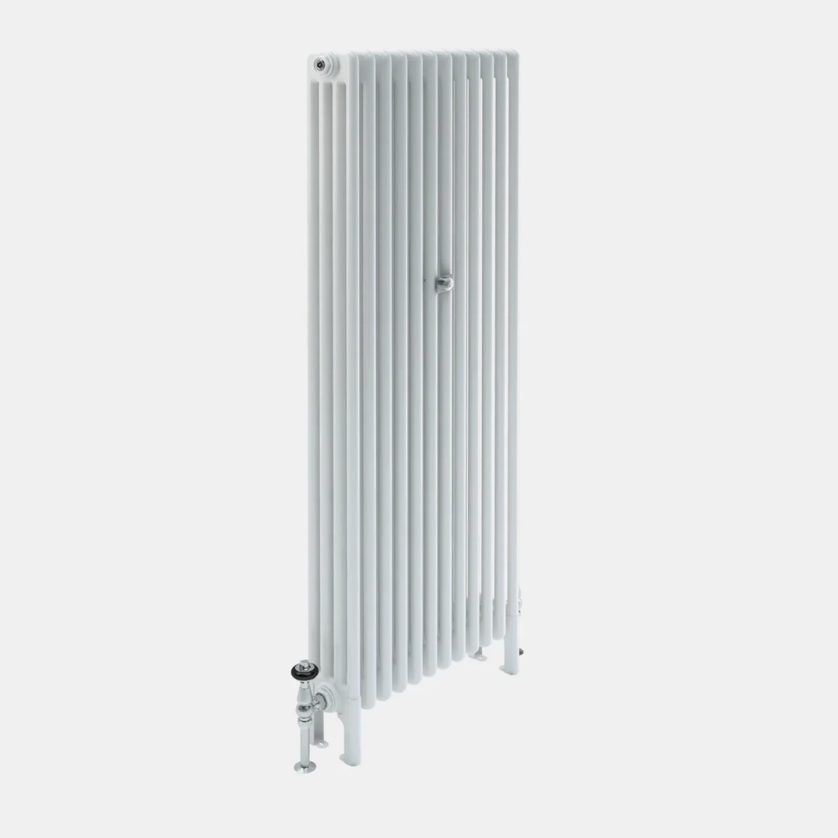 Tall white Florence 4 Column steel radiator on feet, with a chrome angled valve with black head and a central wall stay, on a grey backdrop.