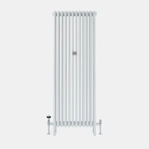 Tall plain white Florence 4 Column steel radiator on feet, with chrome valves, a black-handled valve on the left and a central wall stay.