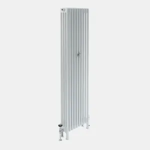 Tall, plain Florence 4 Column steel radiator in white on feet, with a chrome valve with black head and a central wall stay, on a grey background.