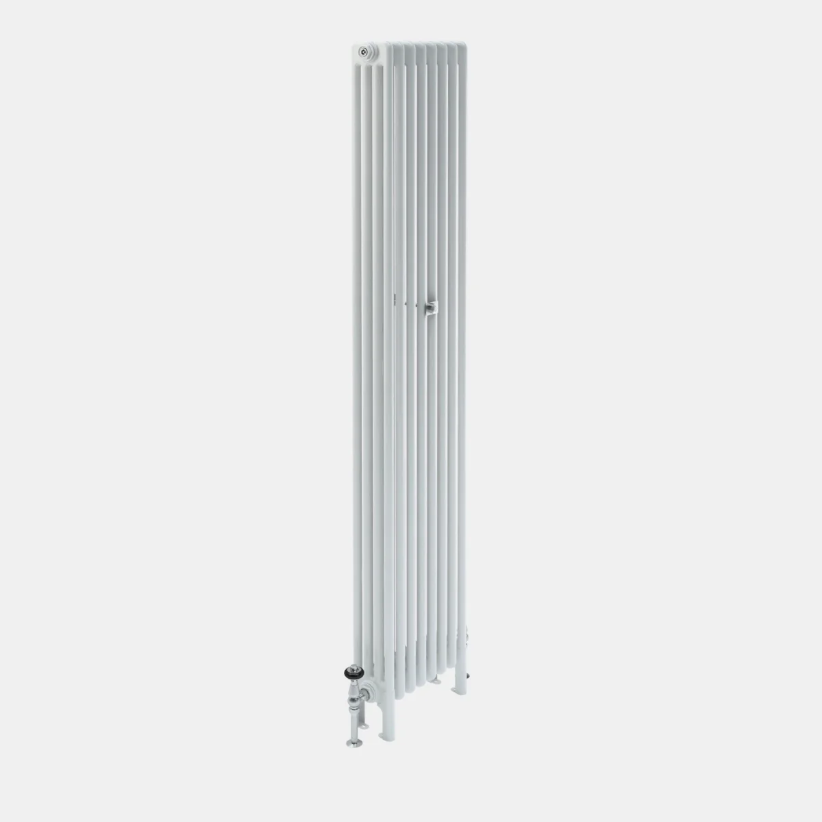 Tall, plain Florence 4 Column steel radiator in white on feet, with a chrome angled valve at the base and a central wall stay.