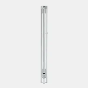 Side view of a tall white Florence 4 Column steel radiator on feet, with a chrome valve at the base, a top bleed valve and a wall stay.