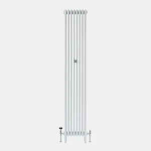 Tall white Florence 4 Column steel radiator on feet, with a central wall stay and chrome valves at both bottom ends, on a plain grey background.