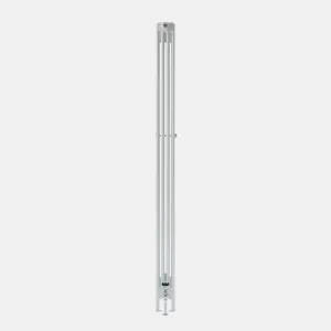 Side view of a tall, plain Florence 4 Column steel radiator in white, with a mid-height wall stay and a chrome valve at the base.