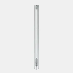 Side view of a tall white Florence 4 column steel radiator on feet, with a chrome valve at the base and a wall stay at mid-height.