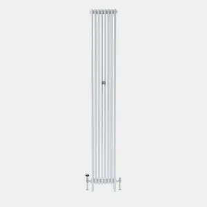 Tall, narrow Florence 4 Column steel radiator in white, standing on feet, with chrome angled valves at each end, on a plain grey background.
