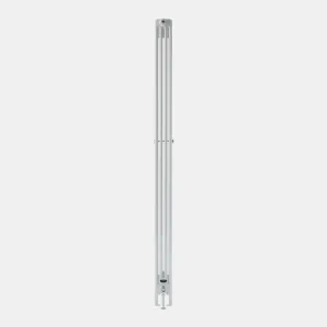 Side view of a tall, slim Florence 4 Column steel radiator in a white finish, on feet, with a central wall stay and a valve at the base.