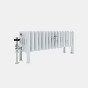 Low Florence 5 Column steel column radiator in white on feet, with a chrome thermostatic valve and a central wall stay, angled view.
