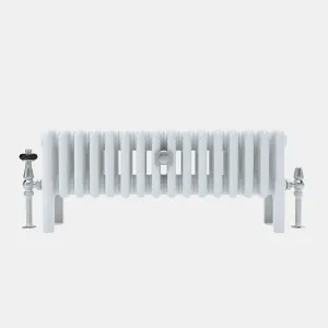 Low white Florence 5 Column steel radiator on feet, with a chrome thermostatic valve on the left and a chrome lockshield valve on the right.