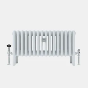Low white Florence 5 Column steel column radiator on feet, with chrome thermostatic and lockshield valves, on a plain grey background.