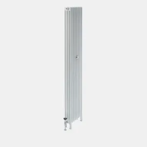 Tall, narrow Florence 4 Column steel radiator in white on feet, with a chrome valve at the bottom and a single wall stay, angled view.