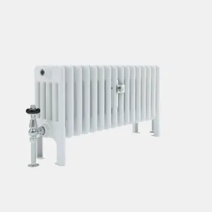 Low, plain white Florence 5 Column steel radiator on feet with a chrome angled valve with black head and a central wall stay.