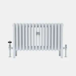 Florence 5 Column steel column radiator in white on feet, with a central wall stay and chrome thermostatic and lockshield valves, front view.